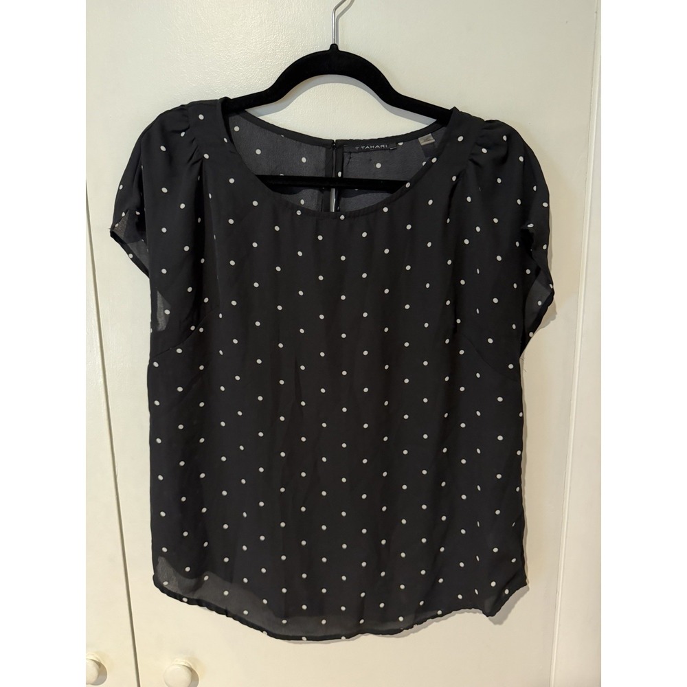 T Tahari Women's Small Black White Polka Dot Chiffon Short Sleeve Blouse